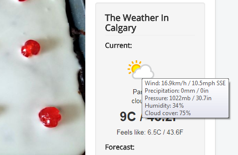 Current weather displayed with tooltip on calgarycookingmom.ca